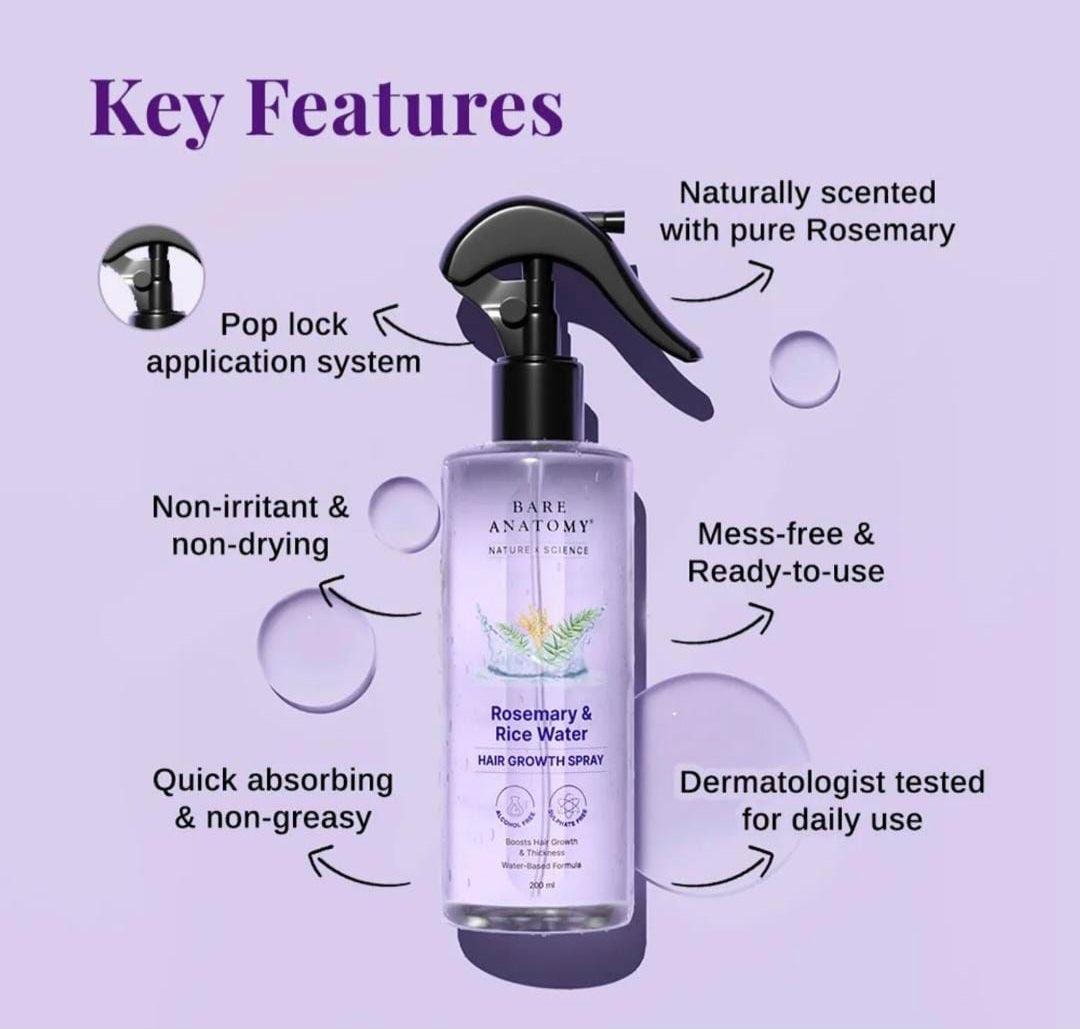Bare Anatomy Rosemary & Rice Water Hair Growth Spray – 200ml | Strengthen & Thicken Hair